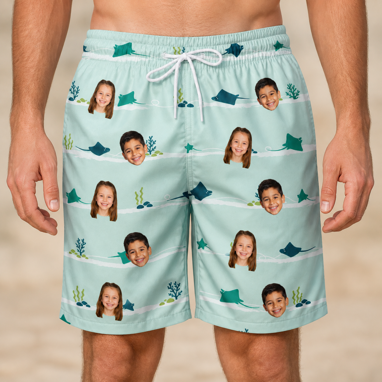 Model wearing Men's Manta Motion Custom Face Beach Shorts printed with kids' faces