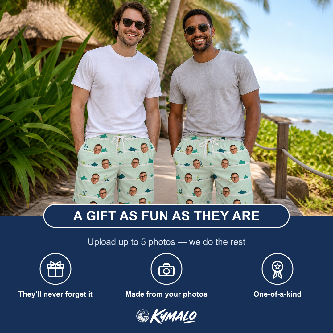 Friends in matching Men's Manta Motion Custom Face Beach Shorts — a group gift photo