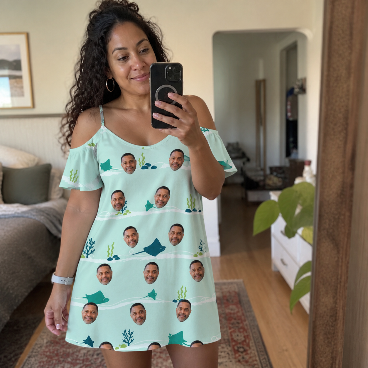 Real-life photo of someone wearing Women's Manta Motion Custom Face Off-Shoulder Dress — custom faces printed all-over