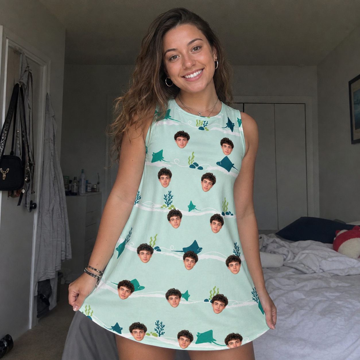 Real-life photo of someone wearing Women's Manta Motion Custom Face Tank Dress — custom faces printed all-over
