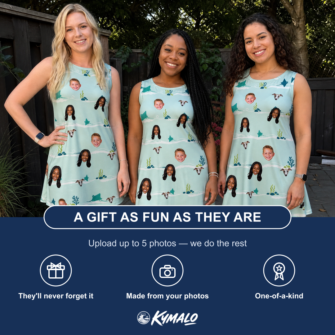 Friends in matching Women's Manta Motion Custom Face Tank Dress — a group gift photo