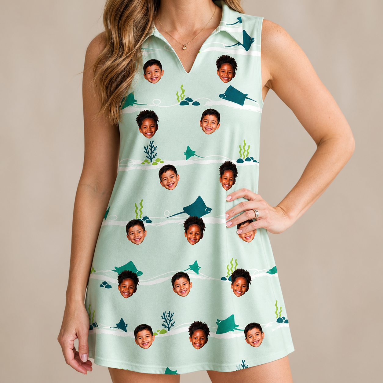 Model wearing Women's Manta Motion Custom Face V-Neck Dress printed with kids' faces