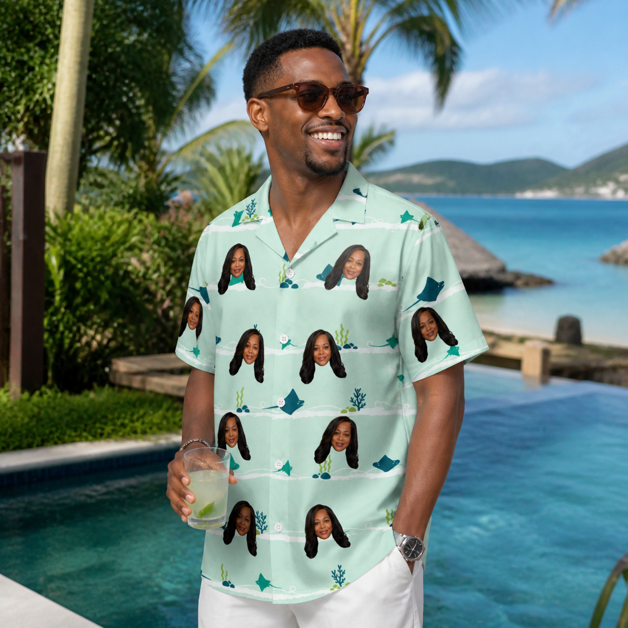 Real-life photo of someone wearing Men's Manta Motion Custom Face Hawaiian Shirt — custom faces printed all-over