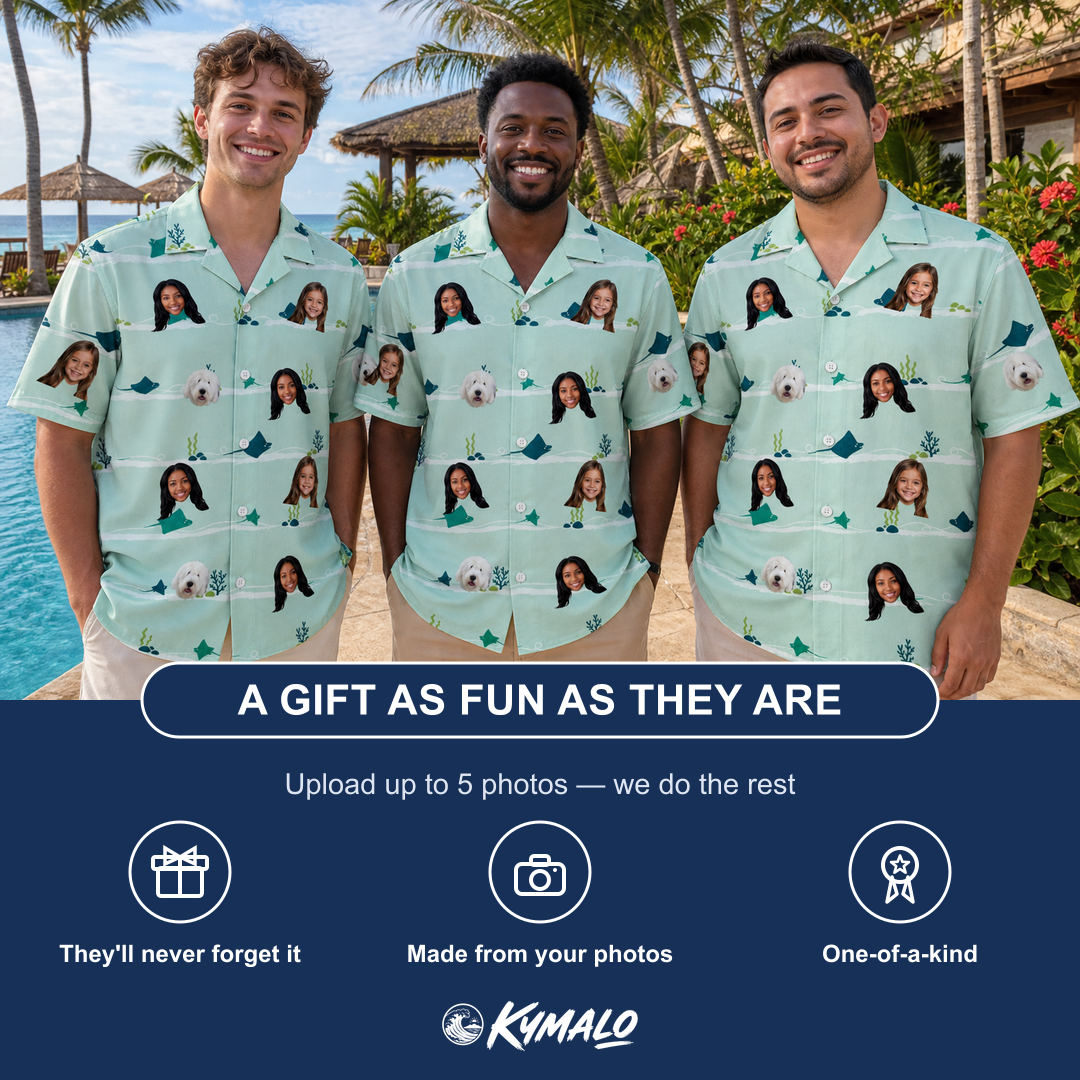 Friends in matching Men's Manta Motion Custom Face Hawaiian Shirt — a group gift photo
