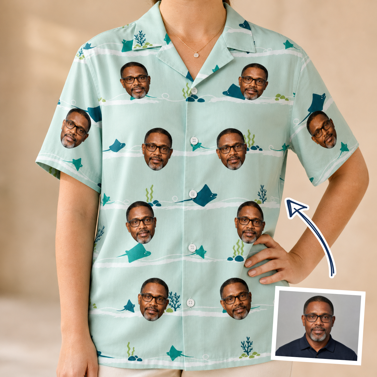 Woman wearing Women's Manta Motion Custom Face Hawaiian Shirt — custom faces printed all-over