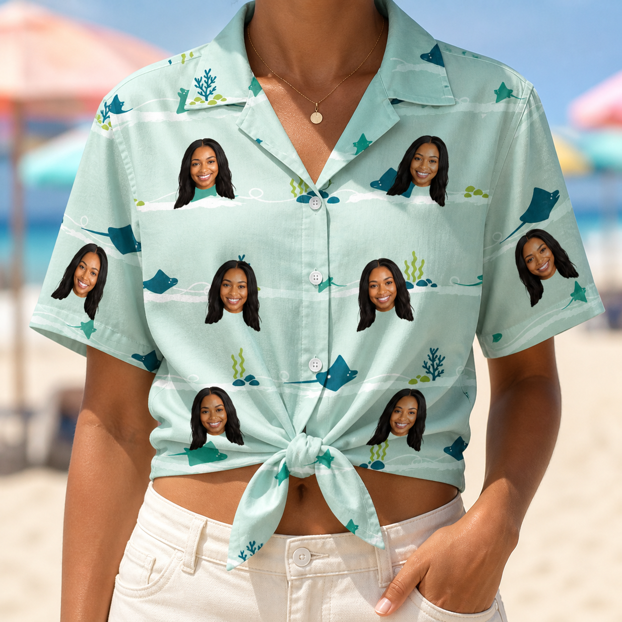 Woman wearing Women's Manta Motion Custom Face Hawaiian Shirt tied at the waist
