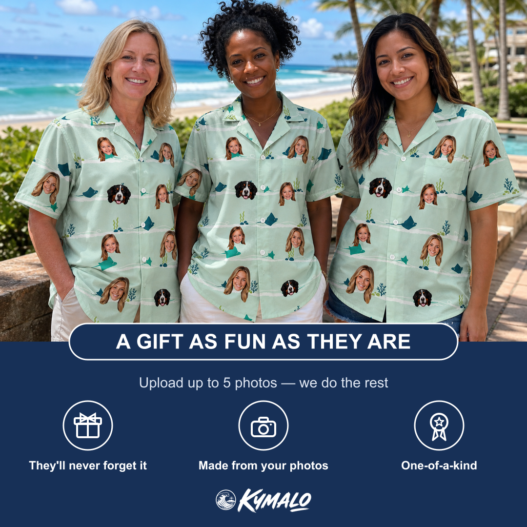 Friends in matching Women's Manta Motion Custom Face Hawaiian Shirt — a group gift photo