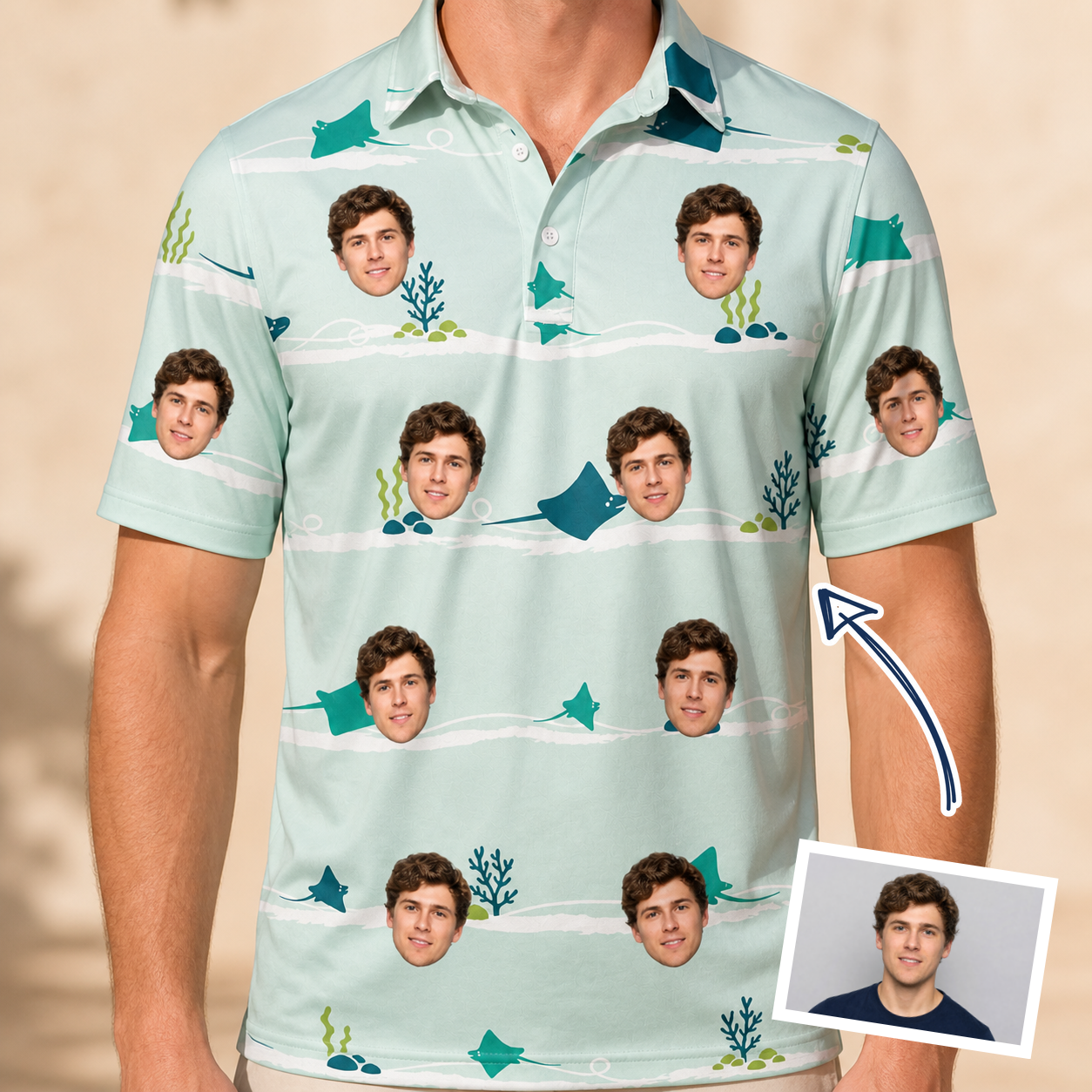 Man wearing Men's Manta Motion Custom Face Polo Shirt — custom faces printed all-over