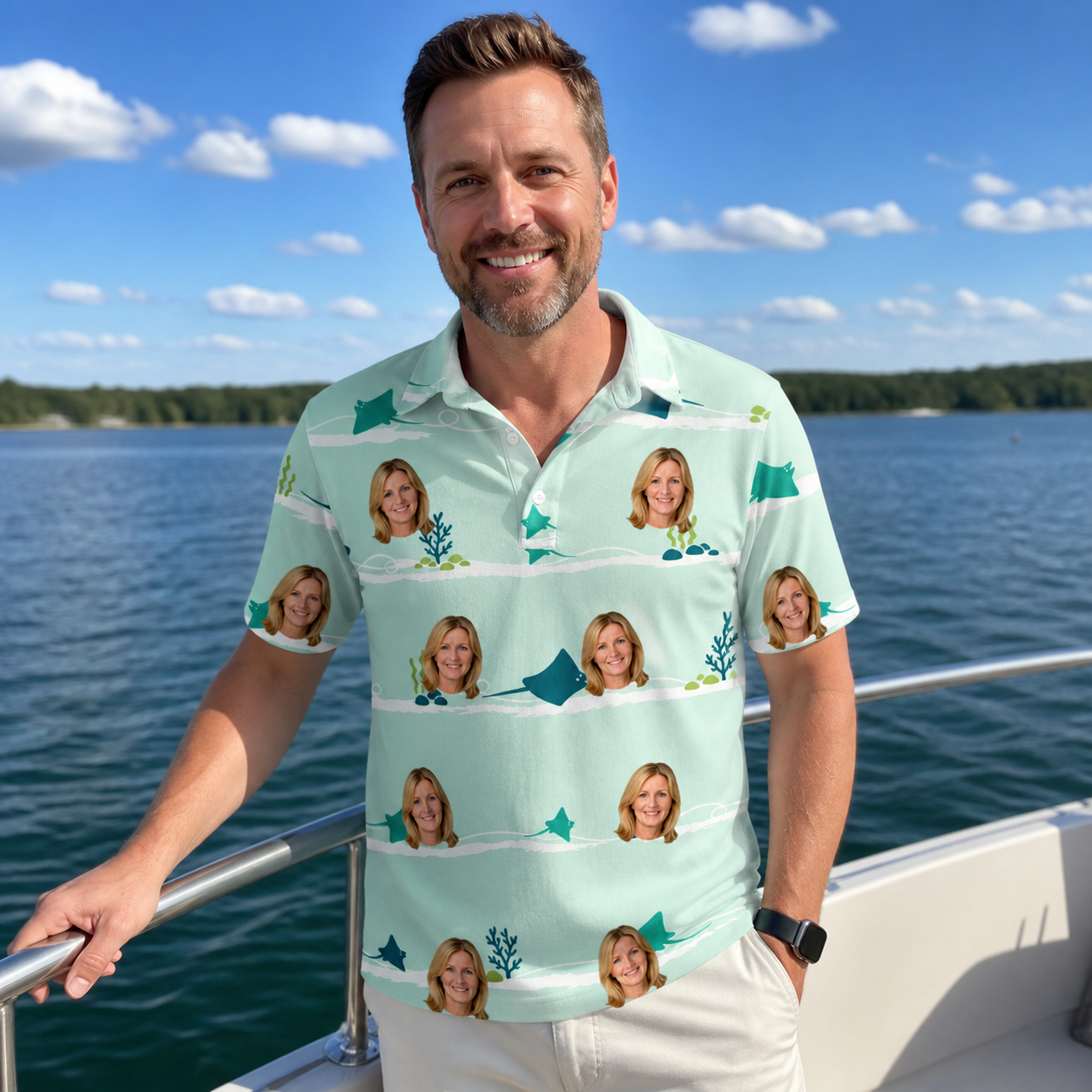 Real-life photo of someone wearing Men's Manta Motion Custom Face Polo Shirt — custom faces printed all-over