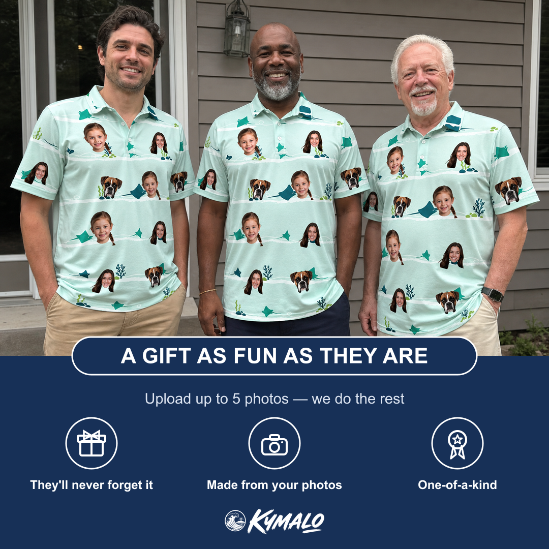 Friends in matching Men's Manta Motion Custom Face Polo Shirt — a group gift photo