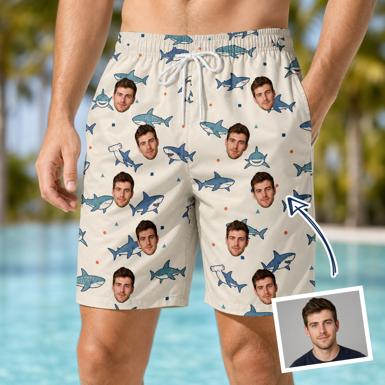 Man wearing Men's Pocket Sharks Custom Face Beach Shorts — custom faces printed all-over