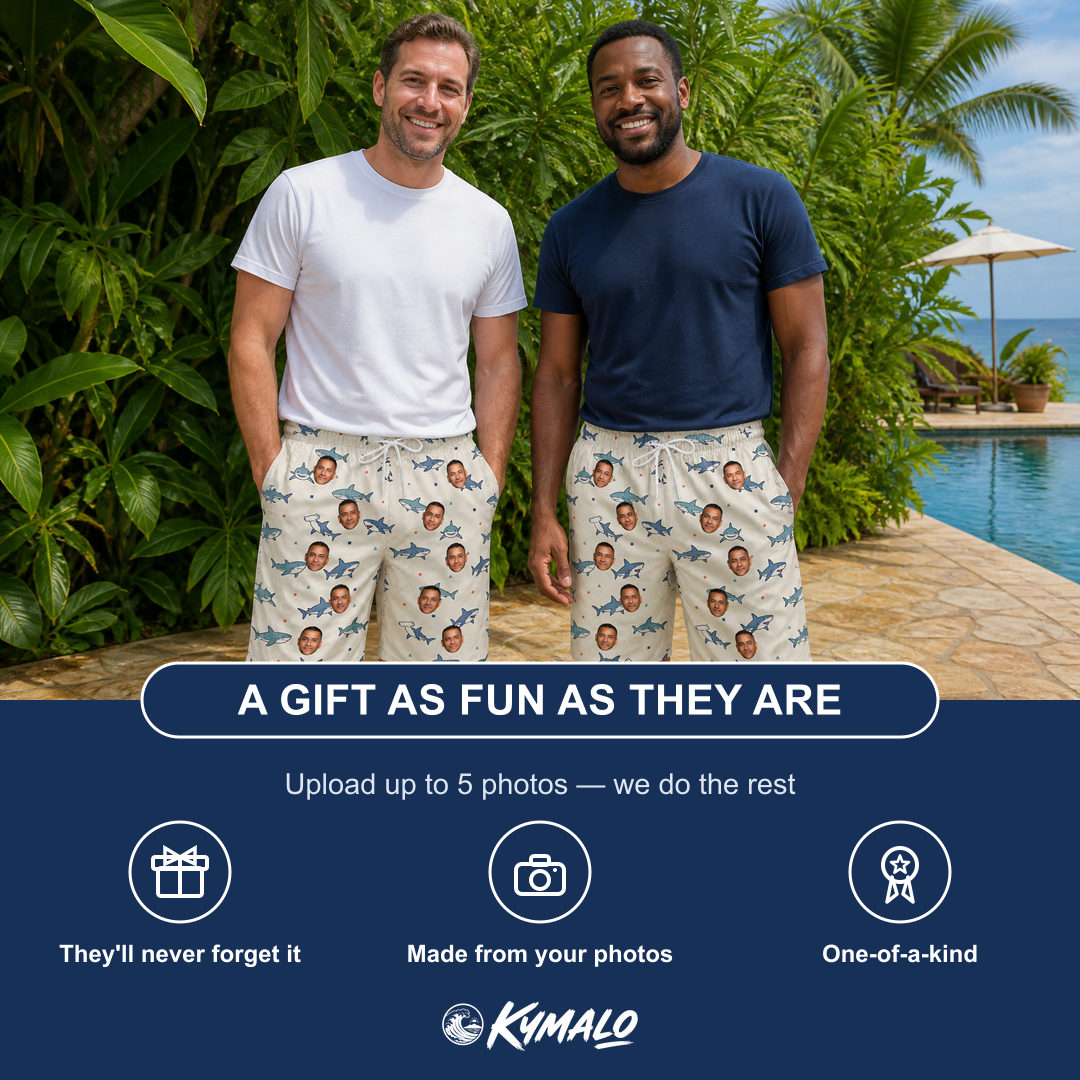 Friends in matching Men's Pocket Sharks Custom Face Beach Shorts — a group gift photo