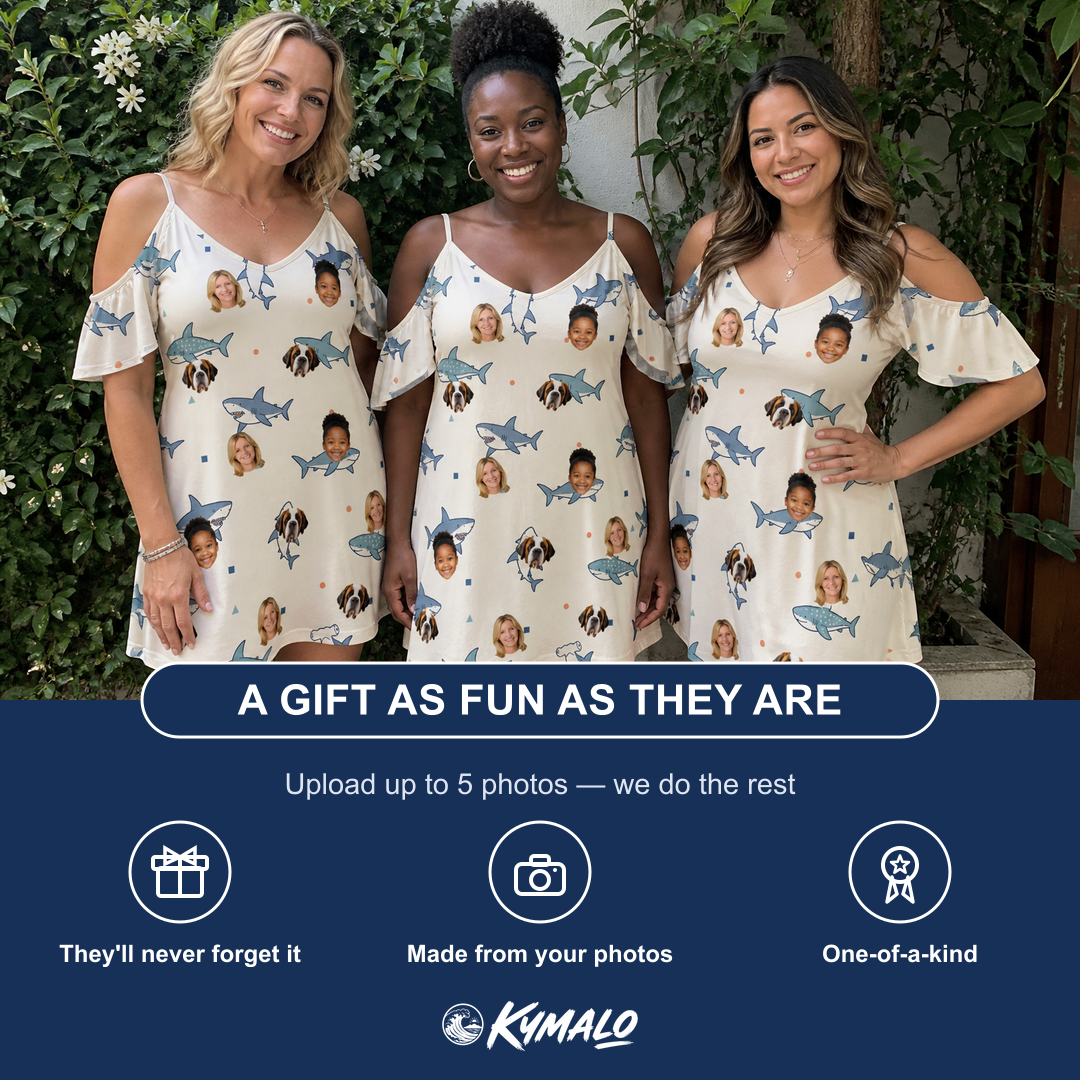Friends in matching Women's Pocket Sharks Custom Face Off-Shoulder Dress — a group gift photo