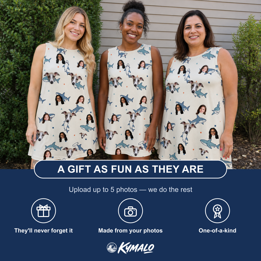 Friends in matching Women's Pocket Sharks Custom Face Tank Dress — a group gift photo