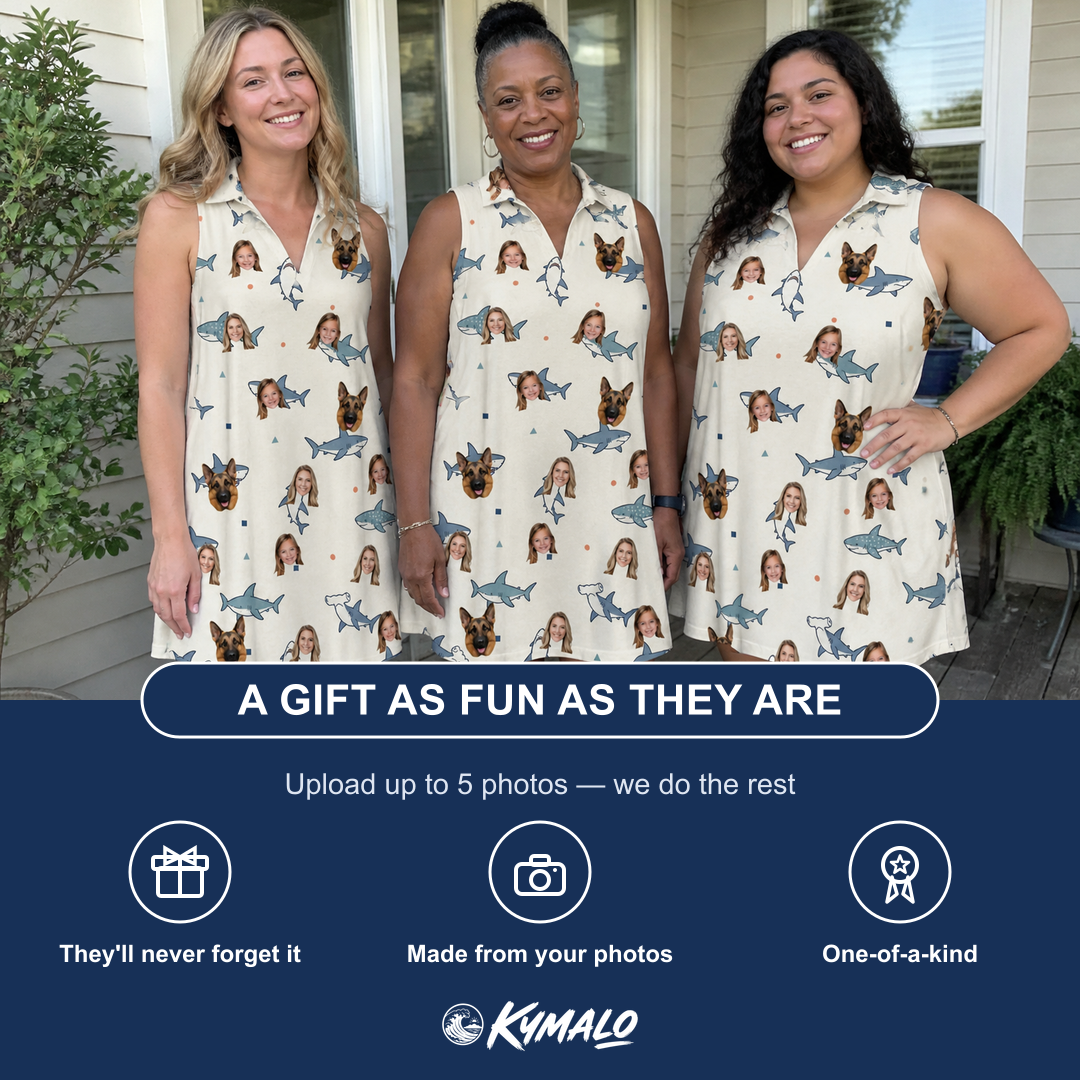 Friends in matching Women's Pocket Sharks Custom Face V-Neck Dress — a group gift photo