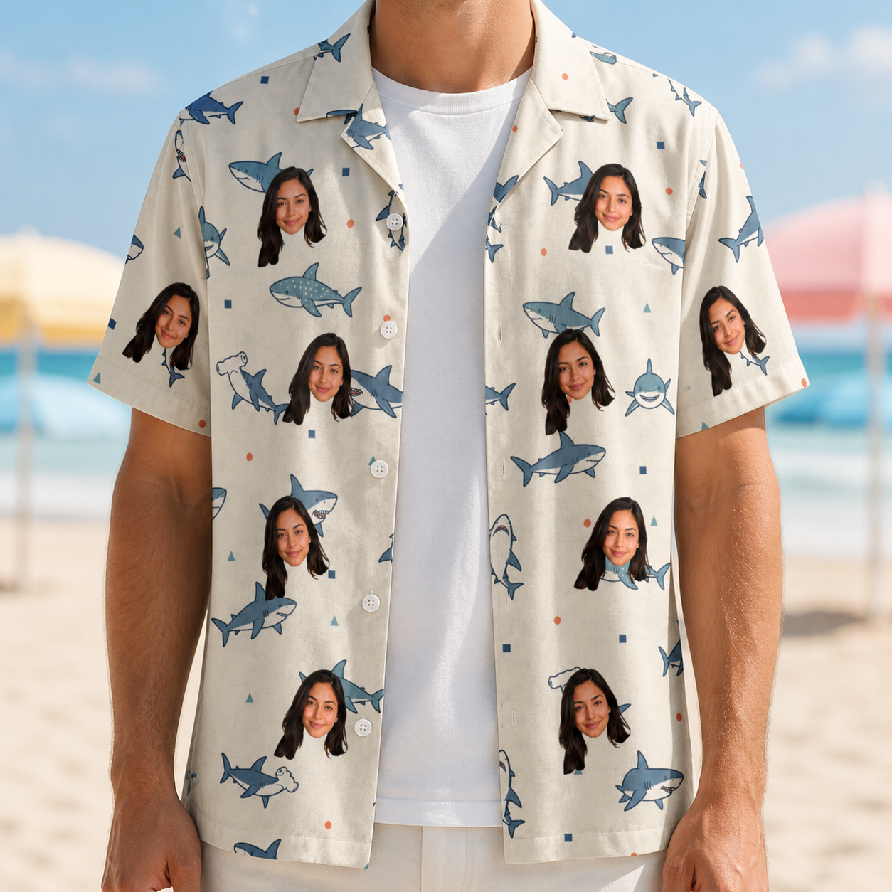 Man wearing Men's Pocket Sharks Custom Face Hawaiian Shirt open over a white tee