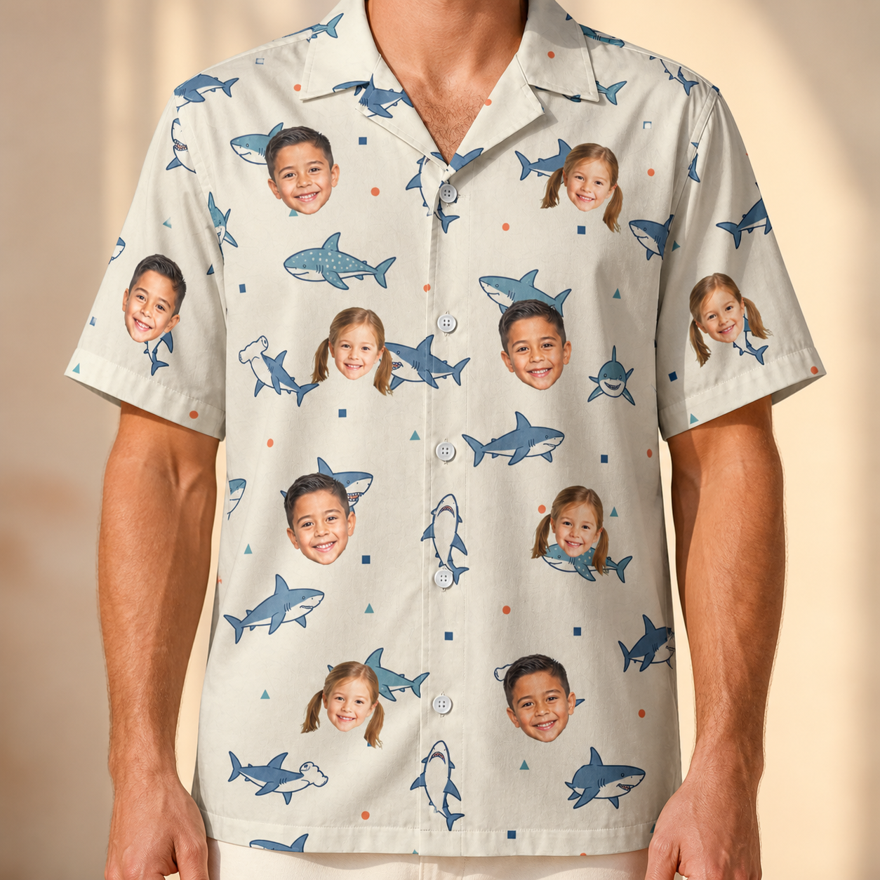 Model wearing Men's Pocket Sharks Custom Face Hawaiian Shirt printed with kids' faces