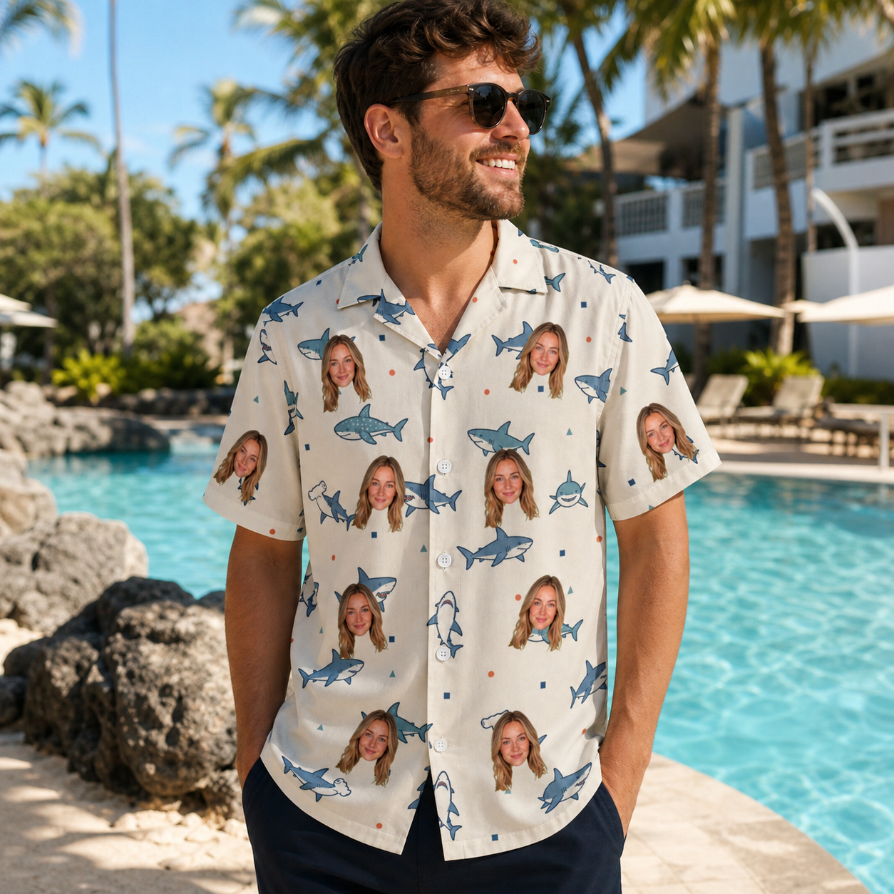Real-life photo of someone wearing Men's Pocket Sharks Custom Face Hawaiian Shirt — custom faces printed all-over