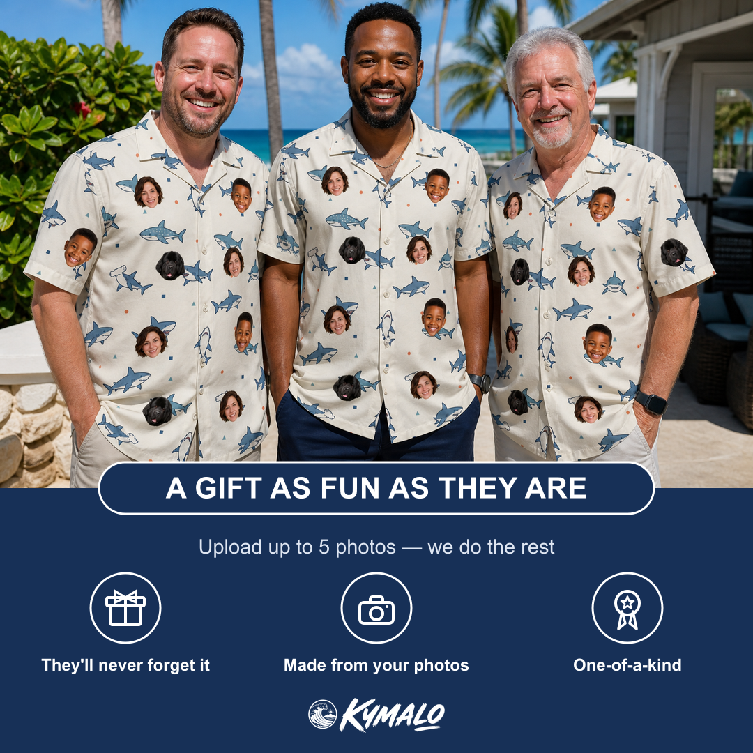 Friends in matching Men's Pocket Sharks Custom Face Hawaiian Shirt — a group gift photo