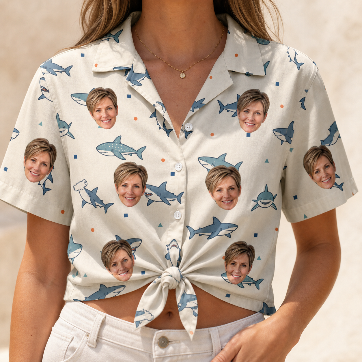 Woman wearing Women's Pocket Sharks Custom Face Hawaiian Shirt tied at the waist