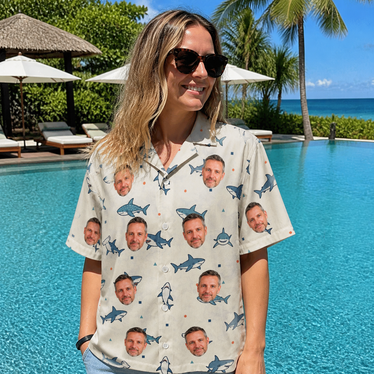 Real-life photo of someone wearing Women's Pocket Sharks Custom Face Hawaiian Shirt — custom faces printed all-over