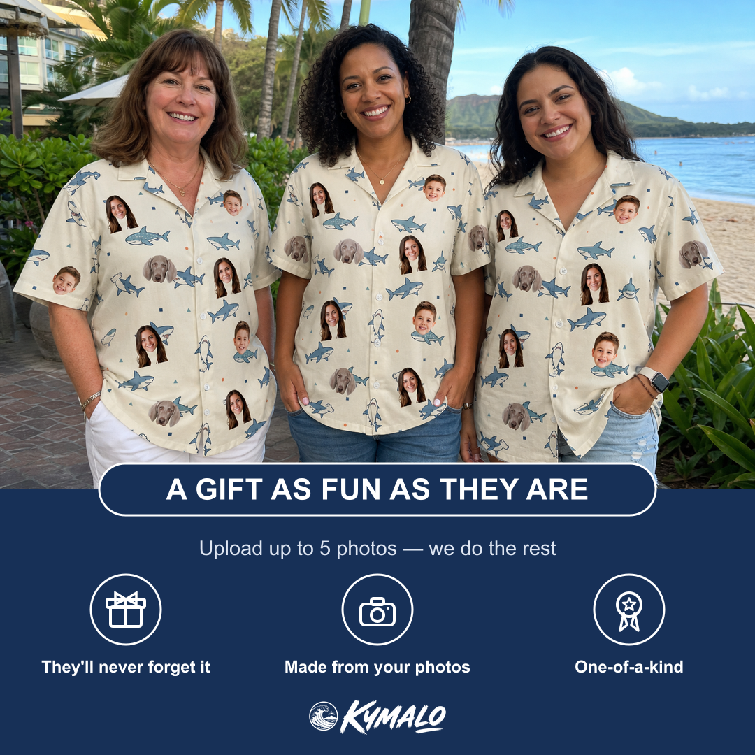 Friends in matching Women's Pocket Sharks Custom Face Hawaiian Shirt — a group gift photo