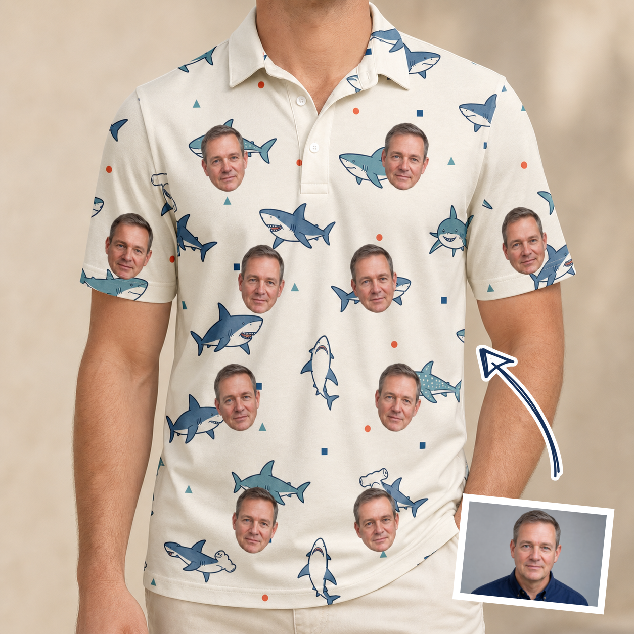Man wearing Men's Pocket Sharks Custom Face Polo Shirt — custom faces printed all-over
