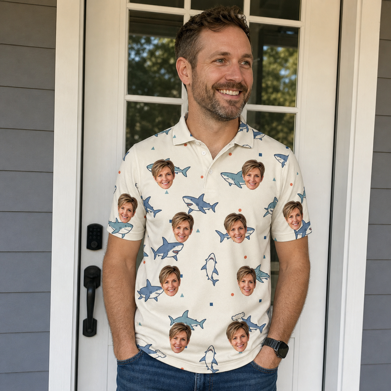 Real-life photo of someone wearing Men's Pocket Sharks Custom Face Polo Shirt — custom faces printed all-over