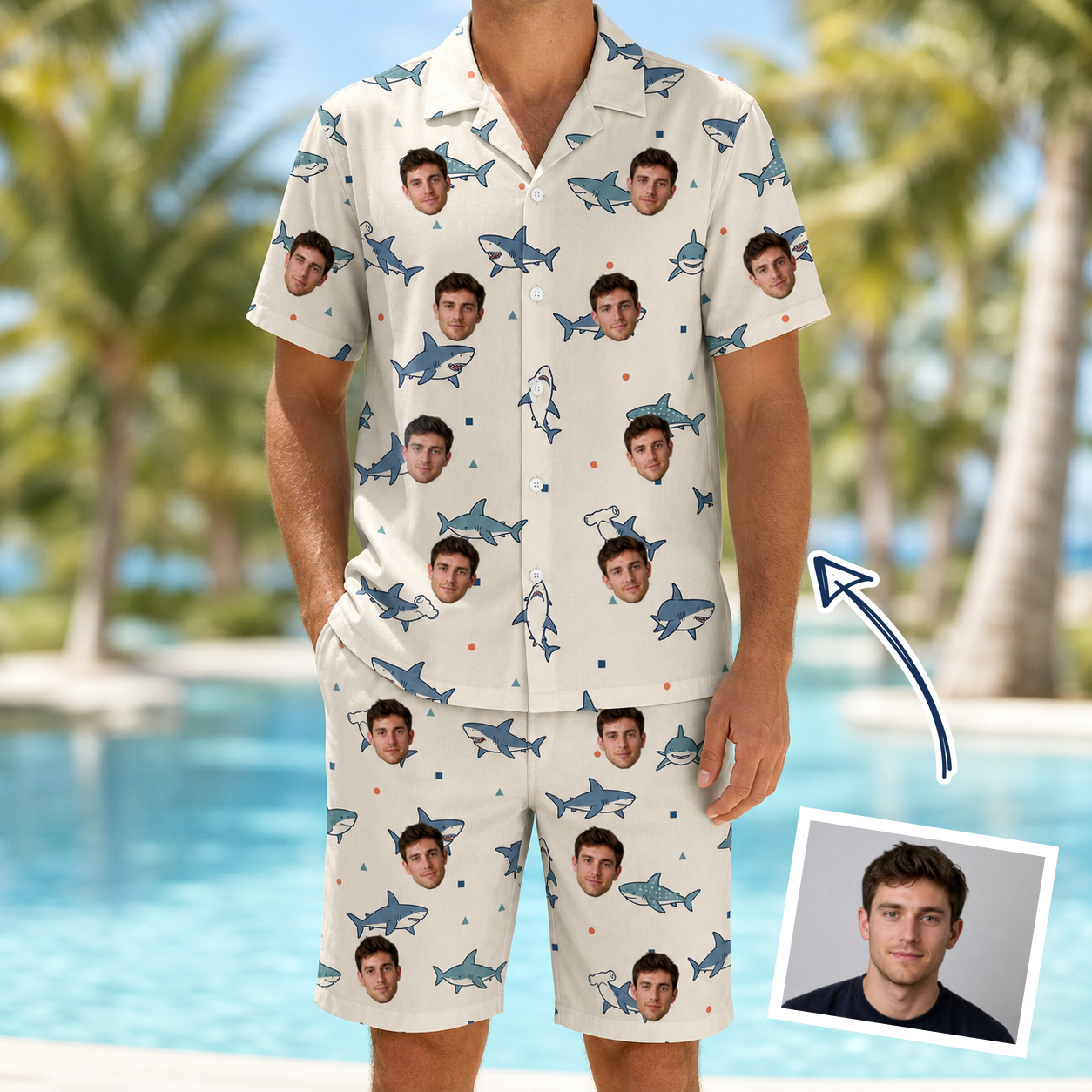 Man wearing Men's Pocket Sharks Custom Face Shirt & Shorts Set — custom faces printed all-over
