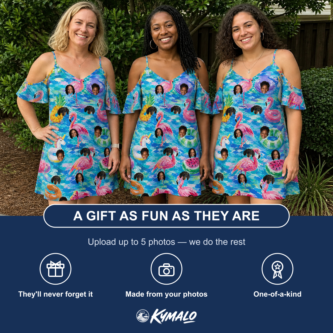 Friends in matching Women's Pastel Pontoons Custom Face Off-Shoulder Dress — a group gift photo