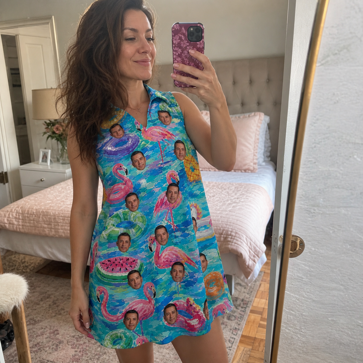 Real-life photo of someone wearing Women's Pastel Pontoons Custom Face V-Neck Dress — custom faces printed all-over