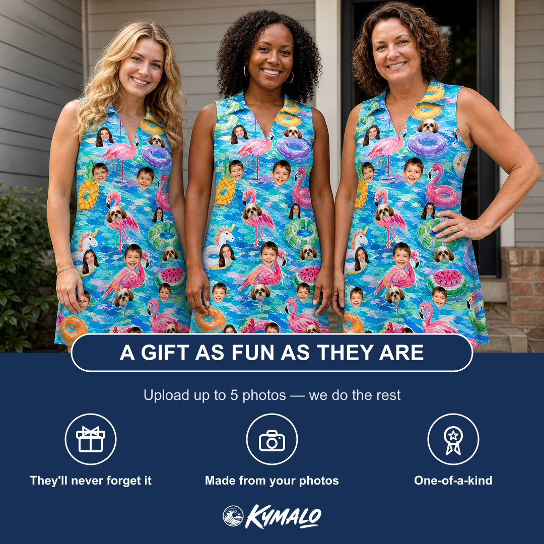 Friends in matching Women's Pastel Pontoons Custom Face V-Neck Dress — a group gift photo