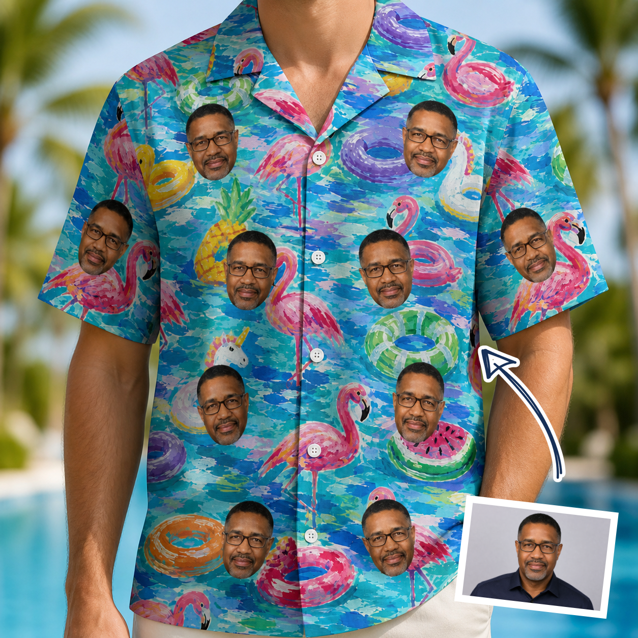 Man wearing Men's Pastel Pontoons Custom Face Hawaiian Shirt — custom faces printed all-over