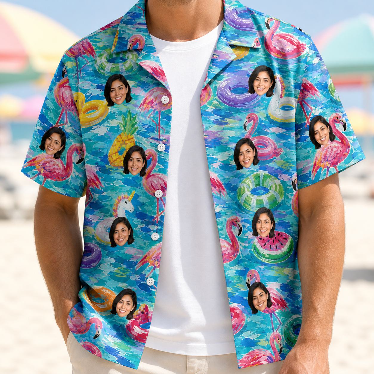 Man wearing Men's Pastel Pontoons Custom Face Hawaiian Shirt open over a white tee
