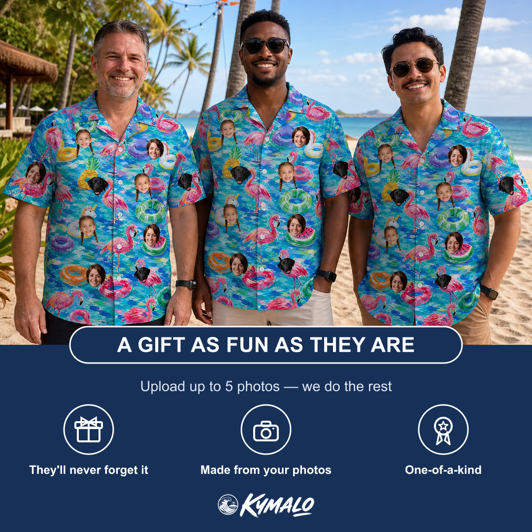 Friends in matching Men's Pastel Pontoons Custom Face Hawaiian Shirt — a group gift photo