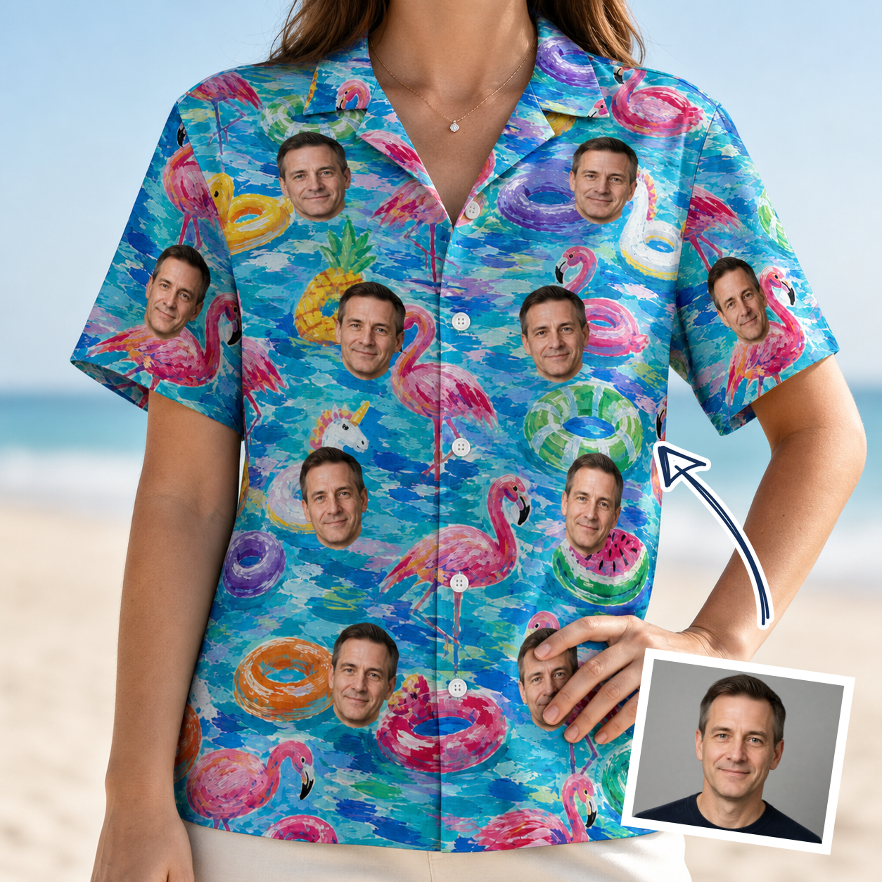 Woman wearing Women's Pastel Pontoons Custom Face Hawaiian Shirt — custom faces printed all-over
