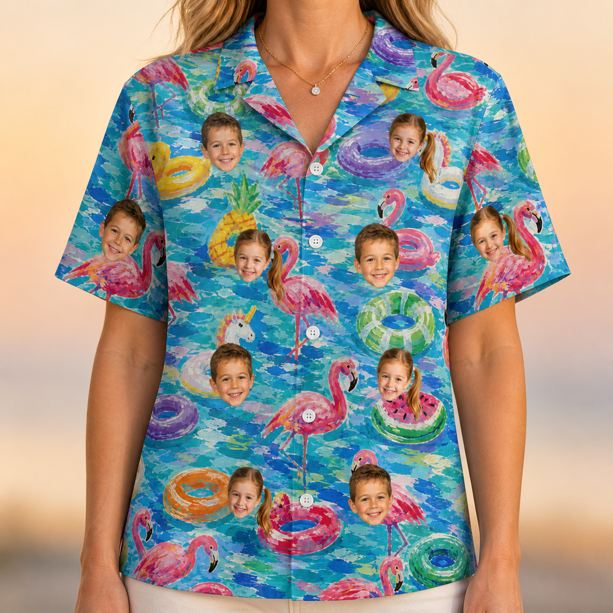 Model wearing Women's Pastel Pontoons Custom Face Hawaiian Shirt printed with kids' faces
