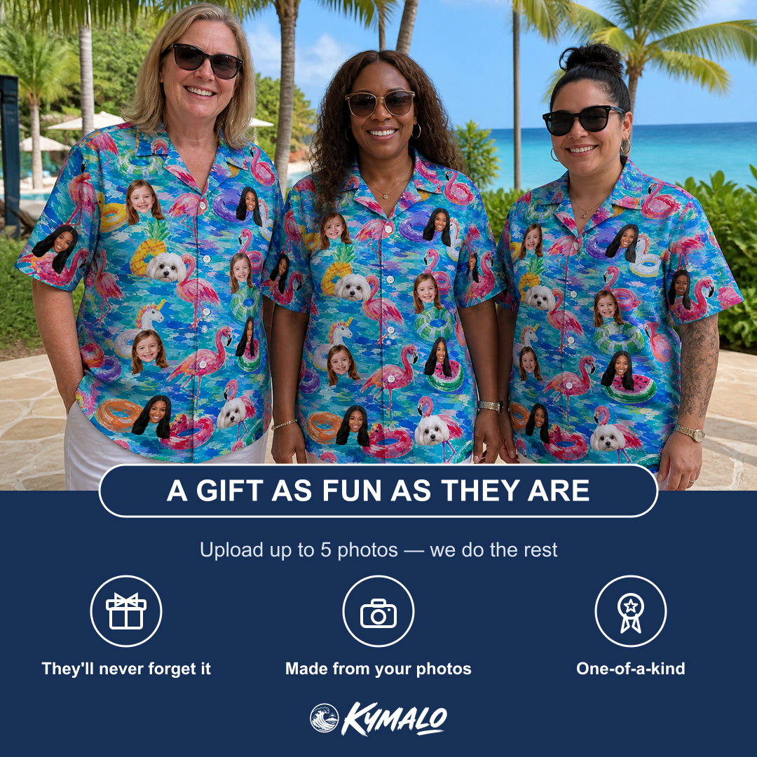 Friends in matching Women's Pastel Pontoons Custom Face Hawaiian Shirt — a group gift photo