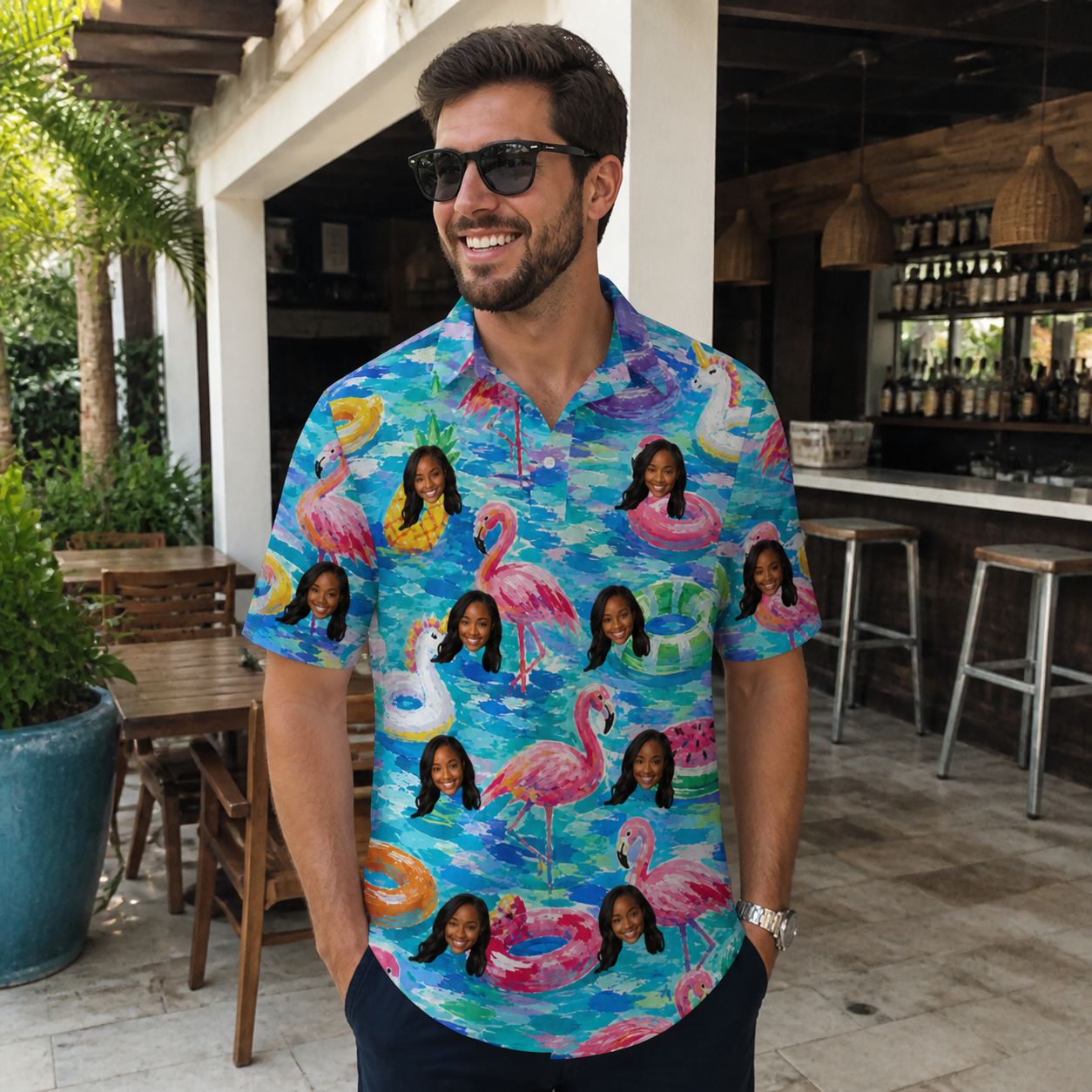Real-life photo of someone wearing Men's Pastel Pontoons Custom Face Polo Shirt — custom faces printed all-over