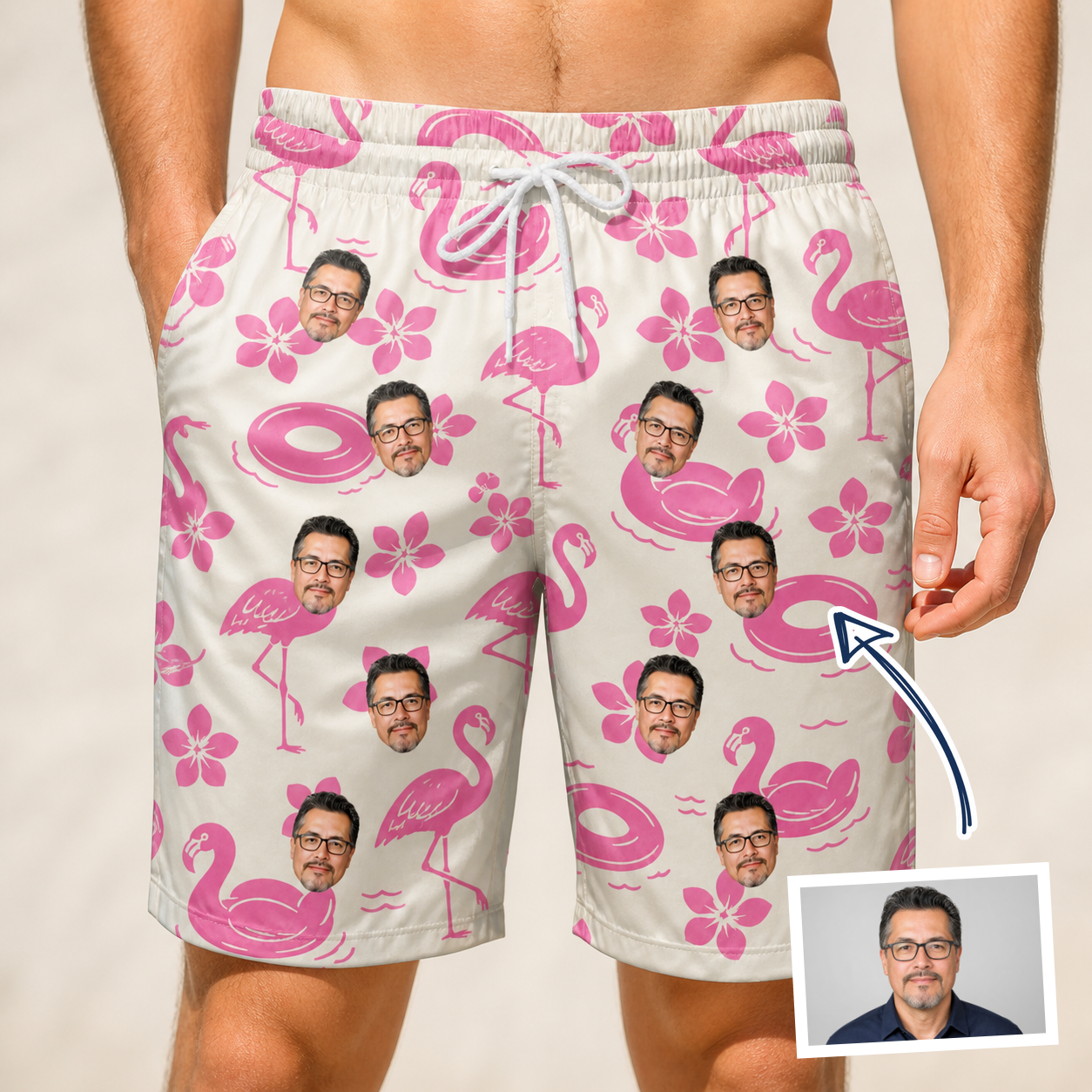 Man wearing Men's Buoyant Botanica Custom Face Beach Shorts — custom faces printed all-over