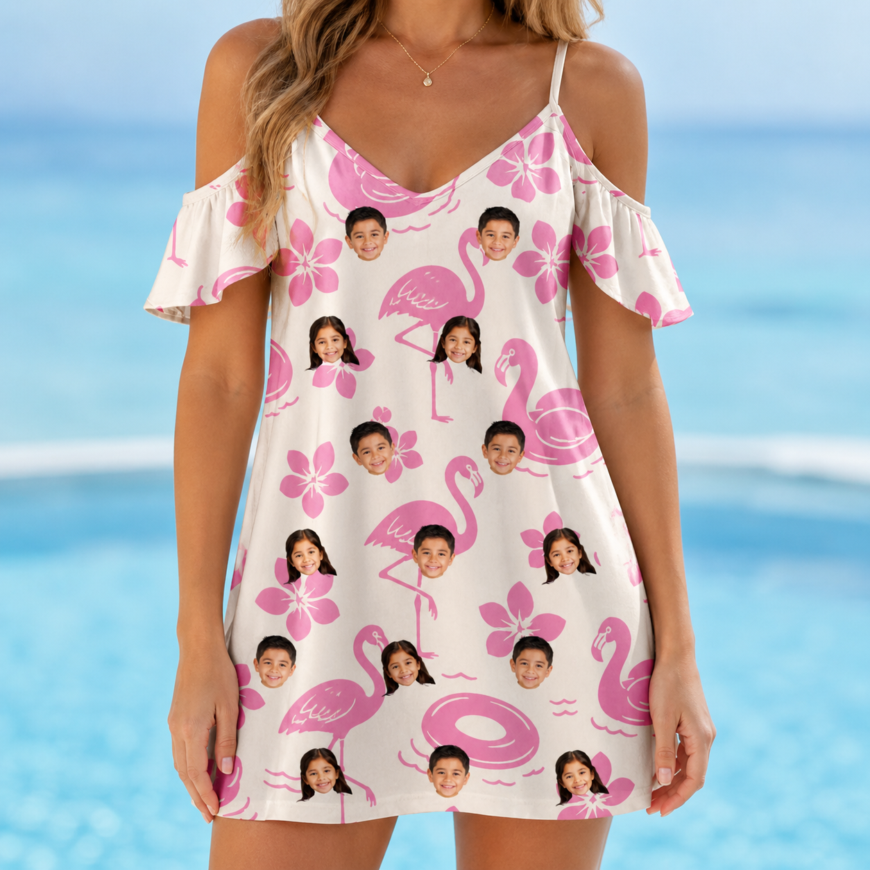 Model wearing Women's Buoyant Botanica Custom Face Off-Shoulder Dress printed with kids' faces