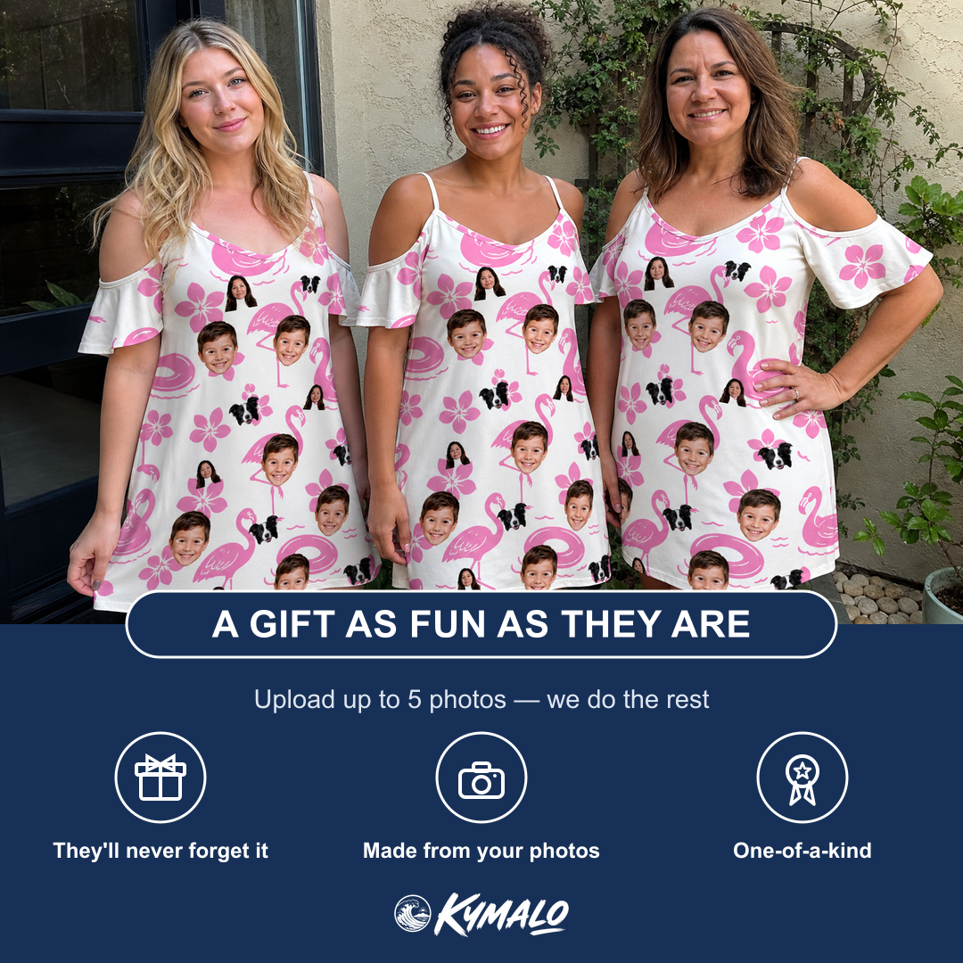 Friends in matching Women's Buoyant Botanica Custom Face Off-Shoulder Dress — a group gift photo