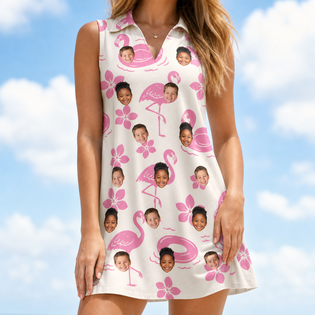 Model wearing Women's Buoyant Botanica Custom Face V-Neck Dress printed with kids' faces
