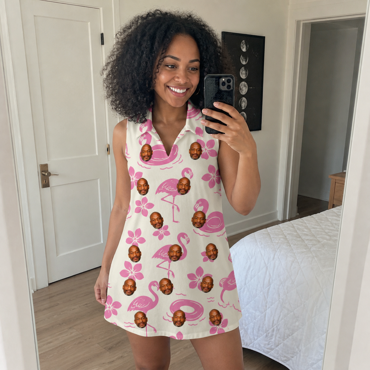 Real-life photo of someone wearing Women's Buoyant Botanica Custom Face V-Neck Dress — custom faces printed all-over