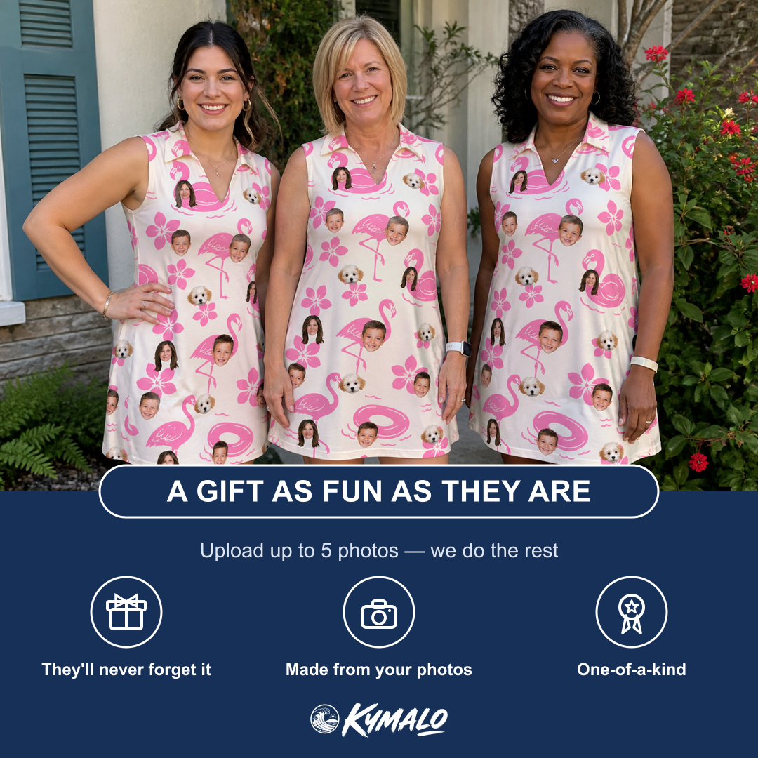 Friends in matching Women's Buoyant Botanica Custom Face V-Neck Dress — a group gift photo