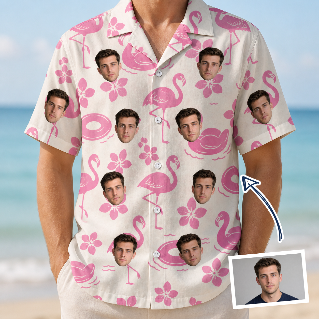 Man wearing Men's Buoyant Botanica Custom Face Hawaiian Shirt — custom faces printed all-over