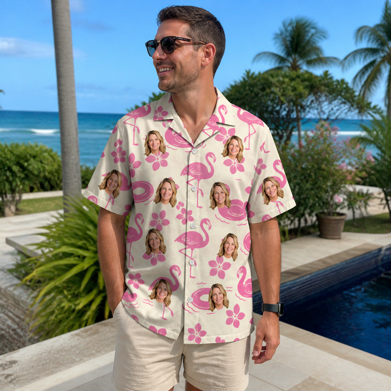 Real-life photo of someone wearing Men's Buoyant Botanica Custom Face Hawaiian Shirt — custom faces printed all-over