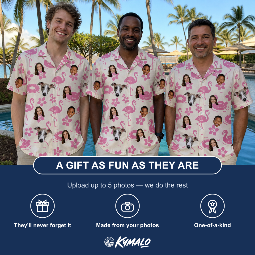 Friends in matching Men's Buoyant Botanica Custom Face Hawaiian Shirt — a group gift photo