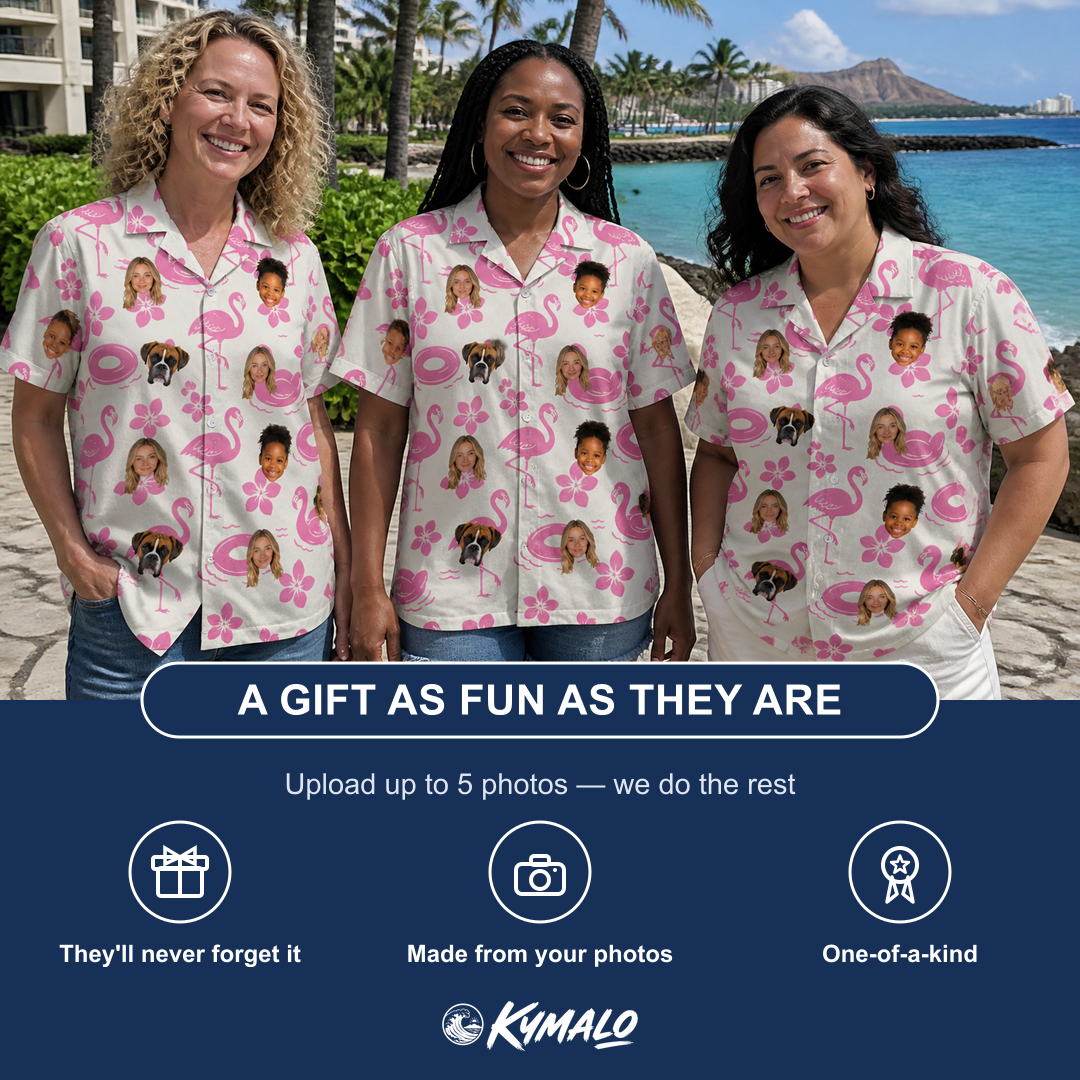 Friends in matching Women's Buoyant Botanica Custom Face Hawaiian Shirt — a group gift photo