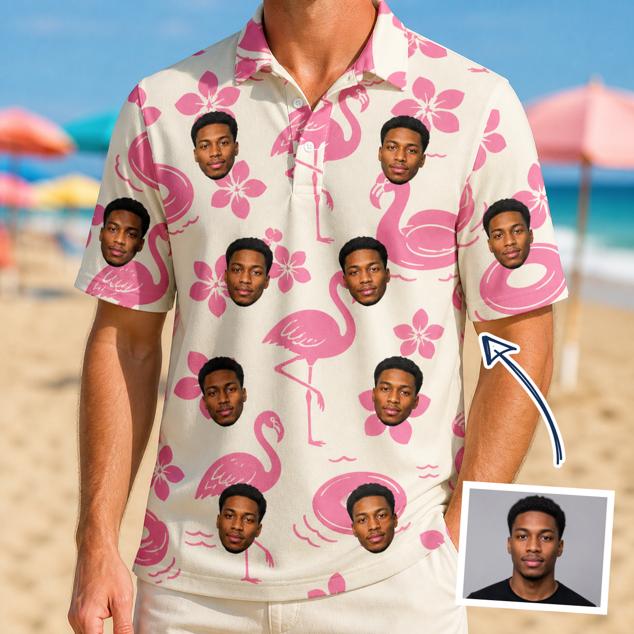 Man wearing Men's Buoyant Botanica Custom Face Polo Shirt — custom faces printed all-over